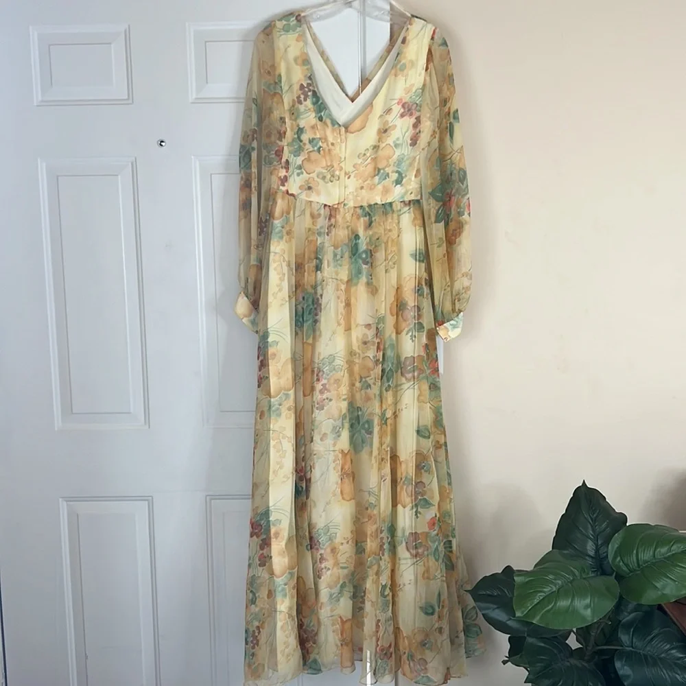 Vintage 70s Chiffon Yellow Floral Floor Length Dress Sz 14 By Union Made - Picture 9 of 16